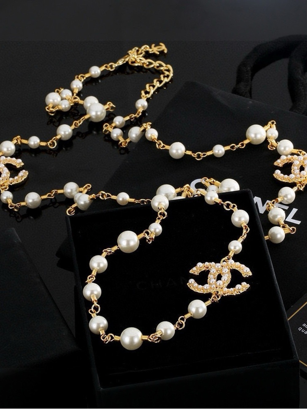 Gold and White Pearl-Link Necklace with Designer Logo Accents